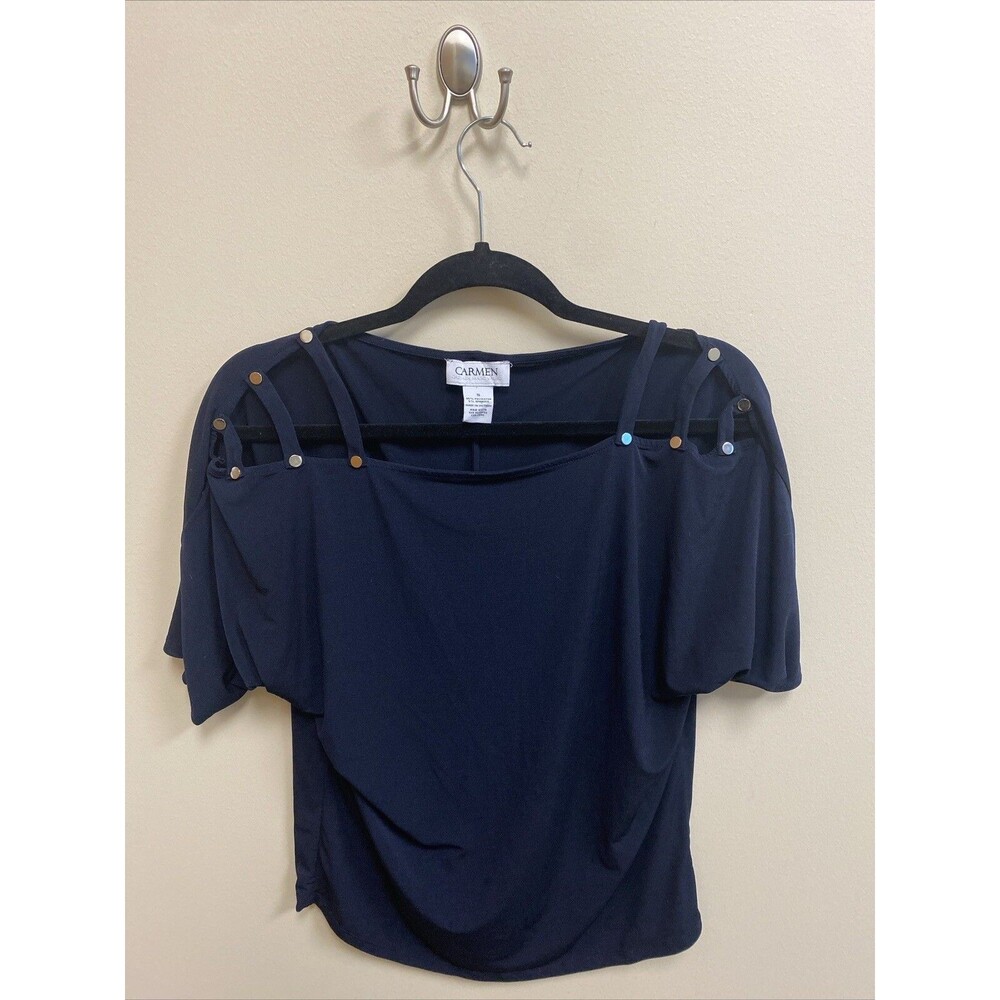 Carmen Marc Valvo Navy Blue Cold Shoulder tunic SHIRT top size s - Picture 2 of 6
